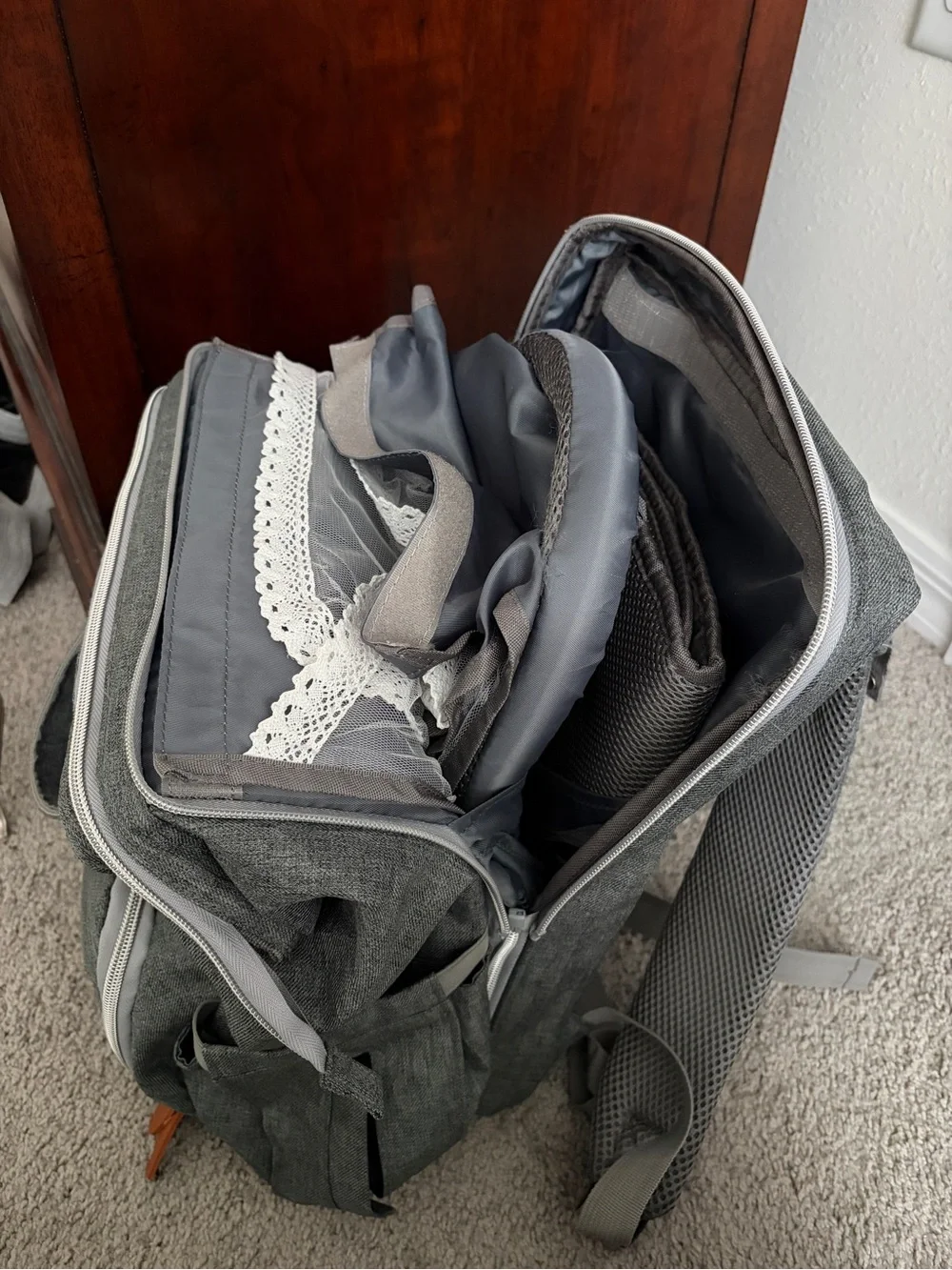 Gray Baby Diaper Canvas Backpack with Tan Accents